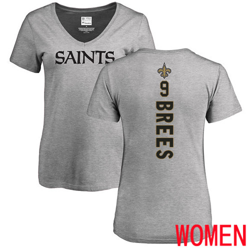 New Orleans Saints Ash Women Drew Brees Backer V Neck NFL Football 9 T Shirt